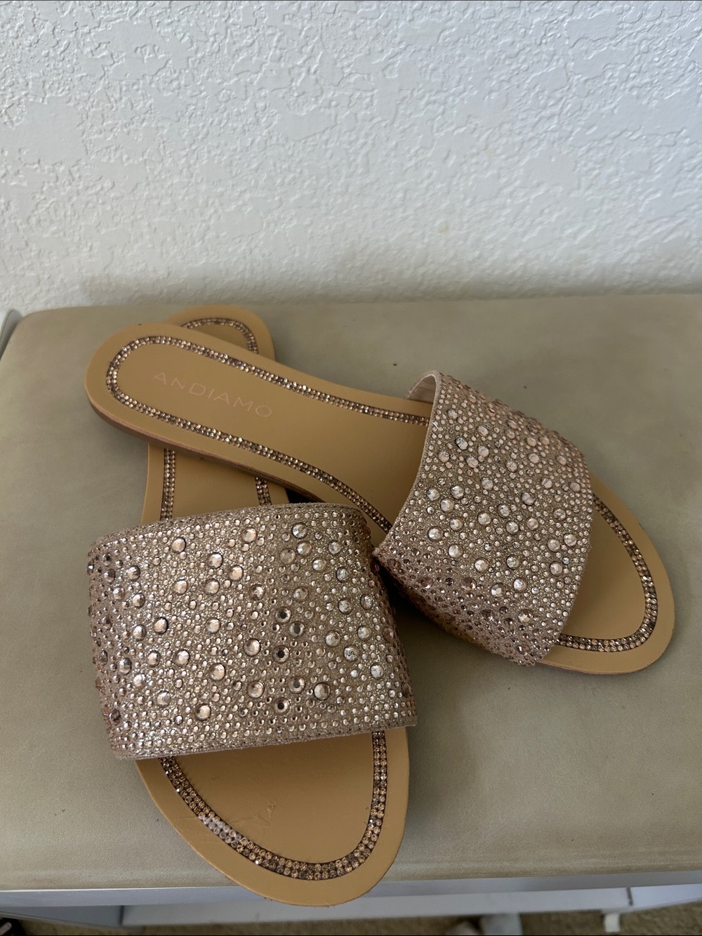 Andiamo Rose Gold Crystal Slide Sandals